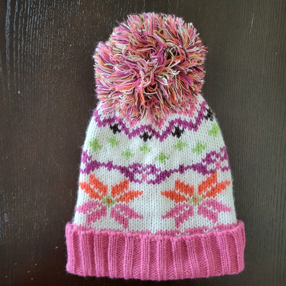 Girls Beanie Fair Isle Style Oversize Pom Pom One Size Pink White Hobby Lobby